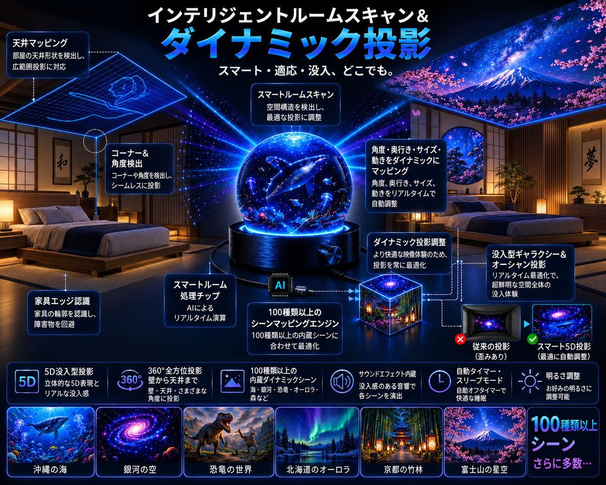 BVJ® 💪2026 PRO MAX 5Dスマート・ワールド・プロジェクター 🌎 Bluetooth操作と効果音で、100種類以上の没入型世界を創り出そう