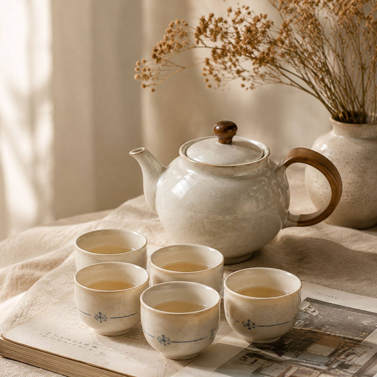 Japanese‑Style Stoneware Tea Set with Wooden Handle