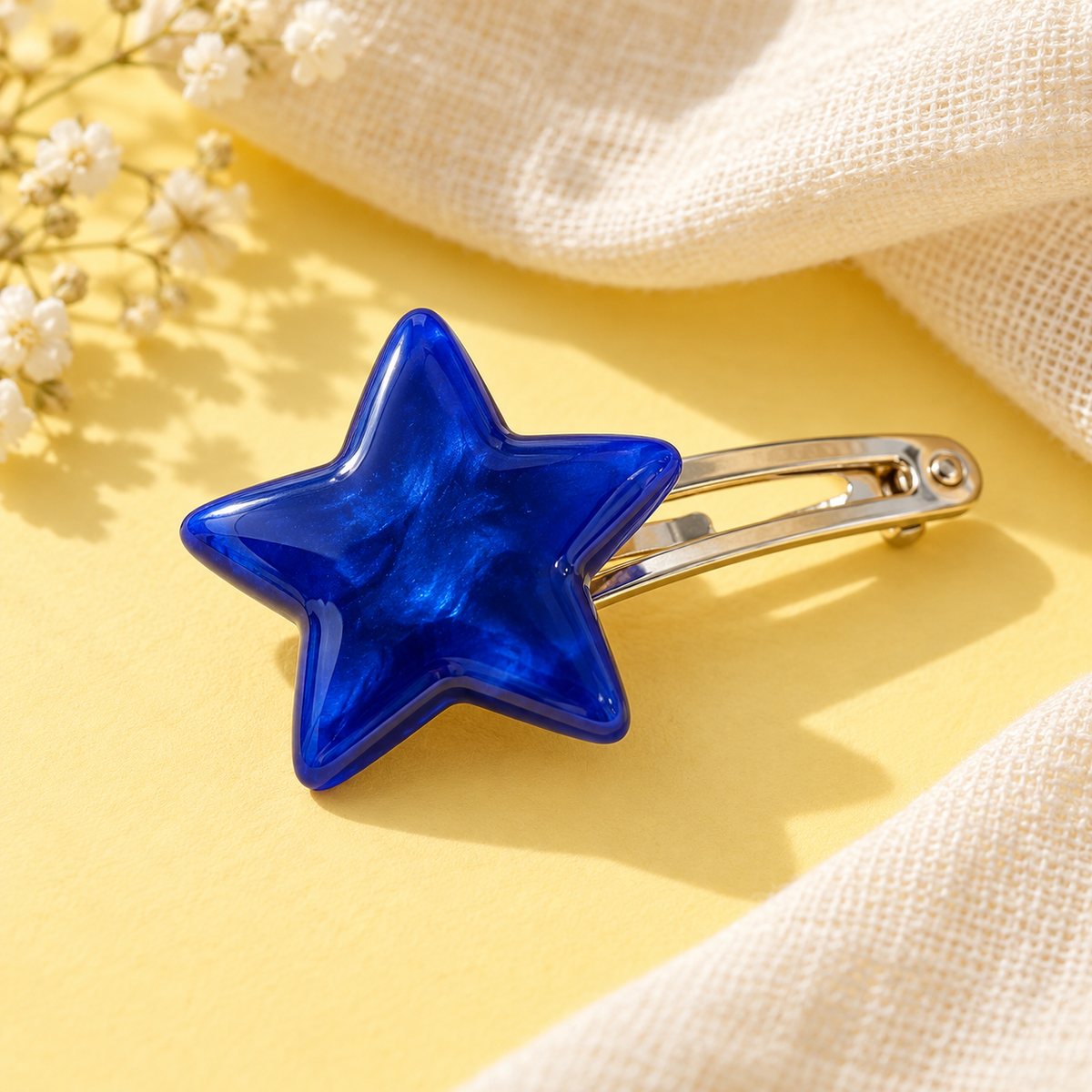 Cobalt Star Mini Barrette — AI-generated styling illustration